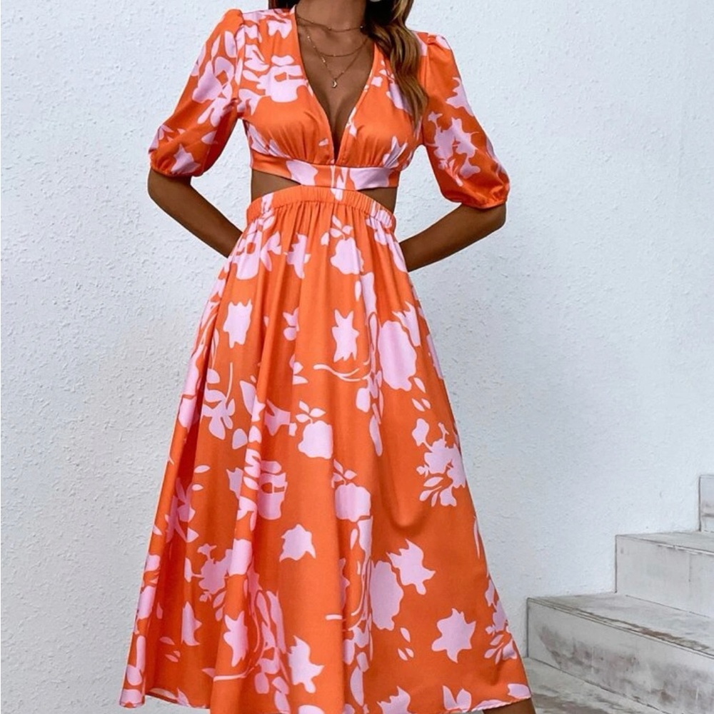 Tropical Cut out Waist Pink and Orange Dress-Size Med 🌴🌴🌴